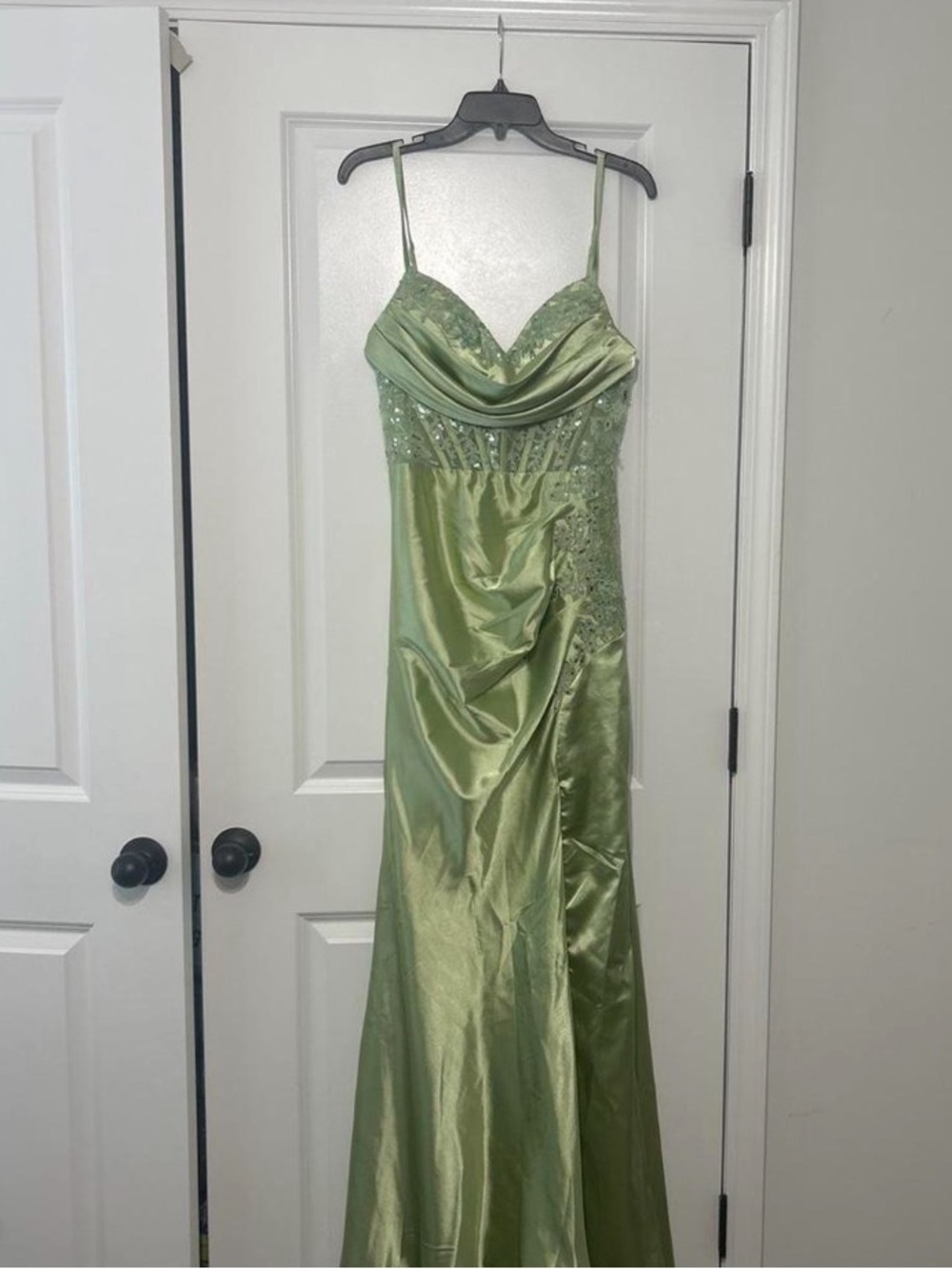 Light Green Beaded Satin Evening Gown